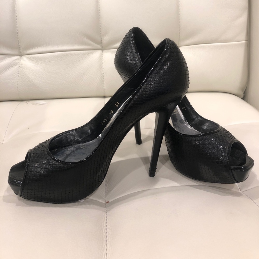 Barbara Bui black python open toe pumps